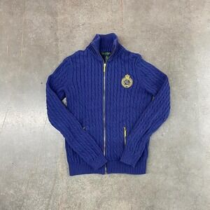 Lauren Ralph Lauren RLL Women's Blue Mock Neck Full Zip Cable Knit Crest Sz S